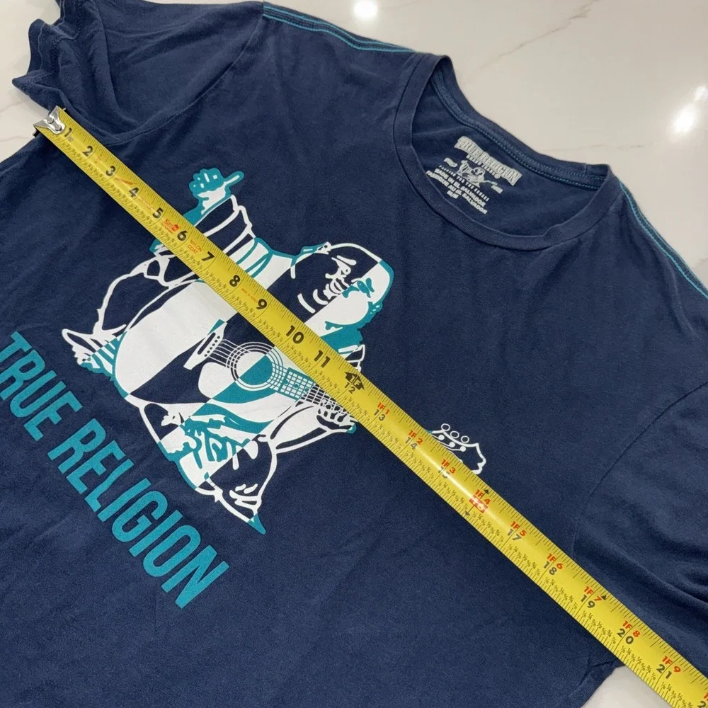 True Religion Men's Sz Medium Navy Blue Guitar Buddha Graphic Logo T-Shirt